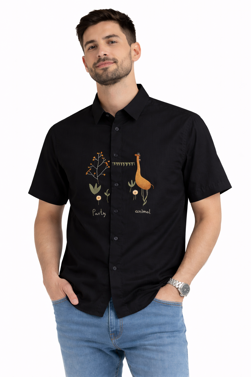 Men's Premium Embroidered Short Sleeve Shirt - Party Animal Design (Black)