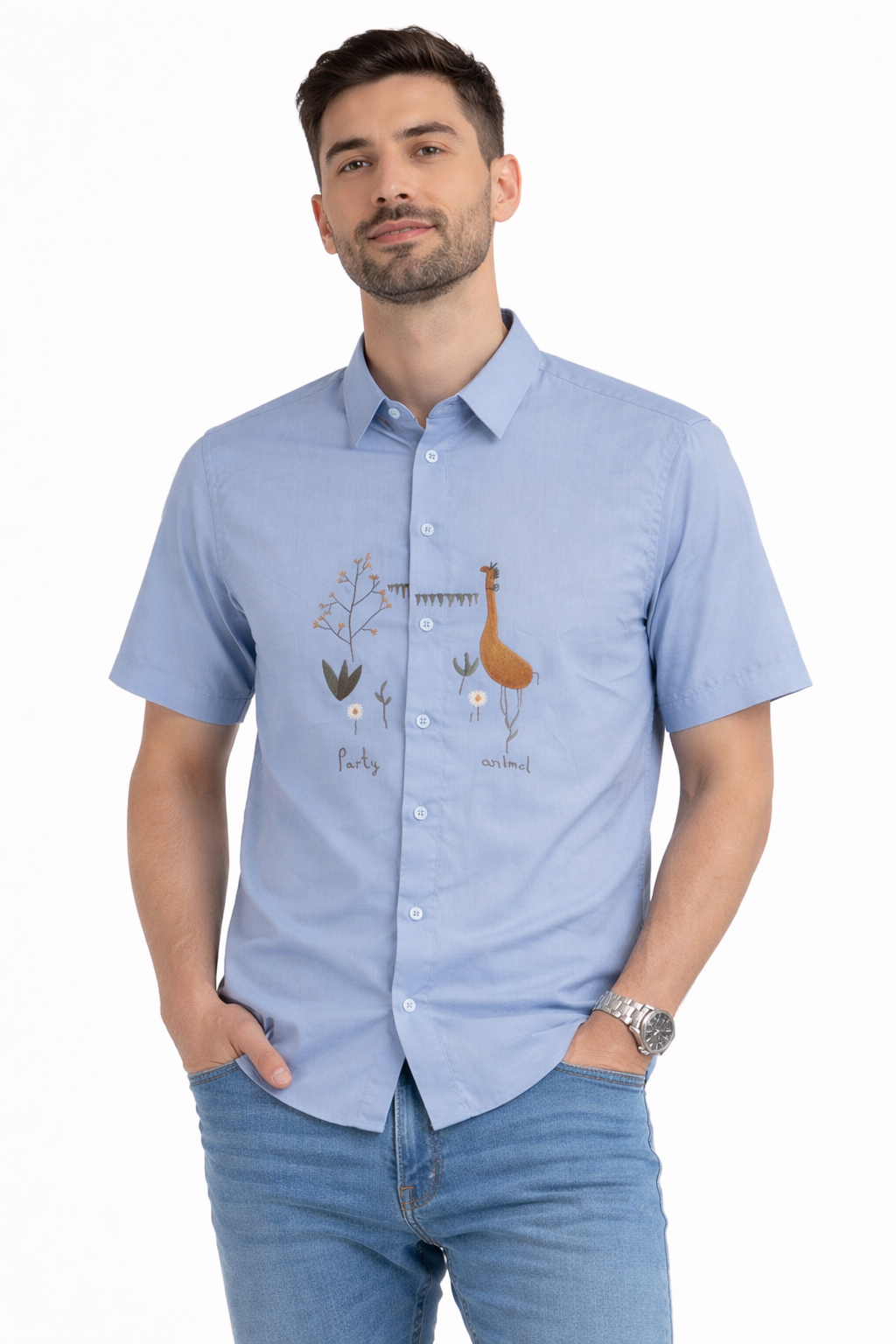 Men's Premium Embroidered Short Sleeve Shirt - Party Animal Design (Blue)