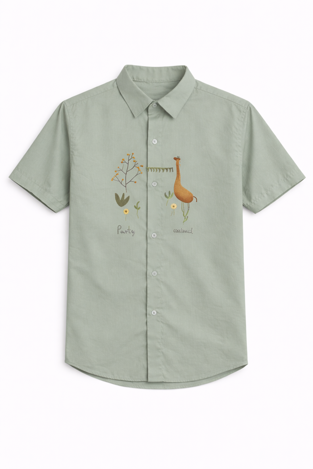 Men's Premium Embroidered Short Sleeve Shirt - Party Animal Design (Sage Green)