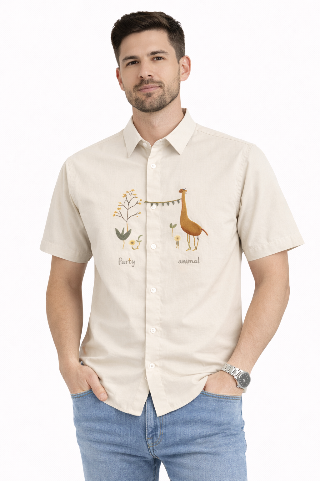 Men's Premium Embroidered Short Sleeve Shirt - Party Animal Design