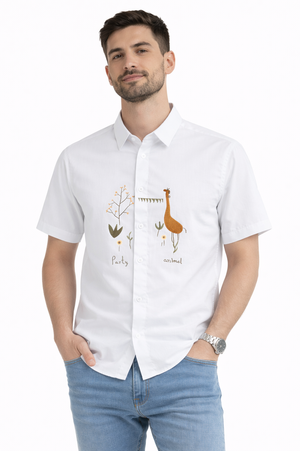 Men's Premium Embroidered Short Sleeve Shirt - Party Animal Design (White)